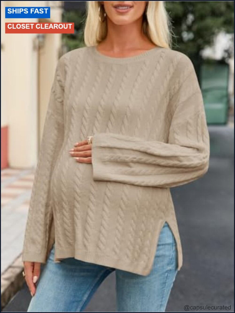 Maternity Cable Knit Sweater Loose Fit Crewneck Long Sleeve Side Slit Fall - Picture 5 of 6